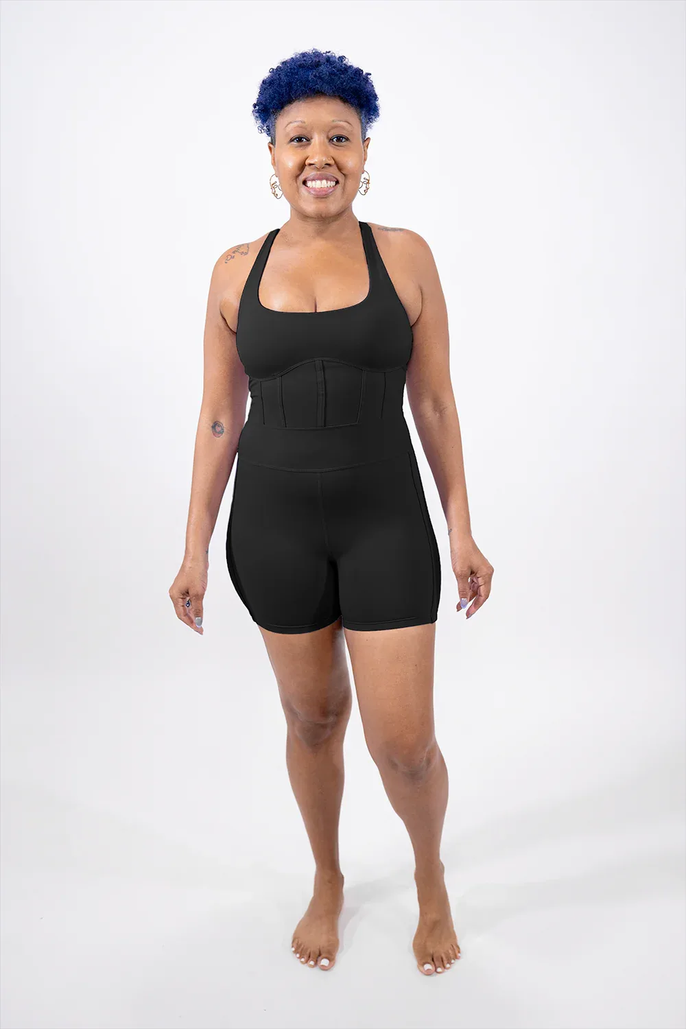 Fashionista Yogi "Sha'Carri" Corset Binding Detail Unitard Short Jumpsuit(black)