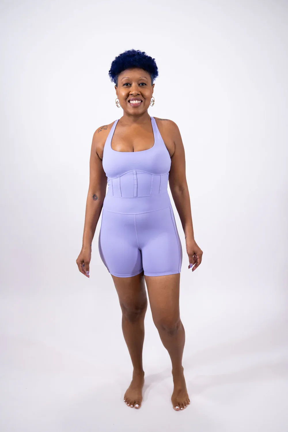 Fashionista Yogi "Sha'Carri" Corset Binding Detail Unitard Short Jumpsuit(lavendar)