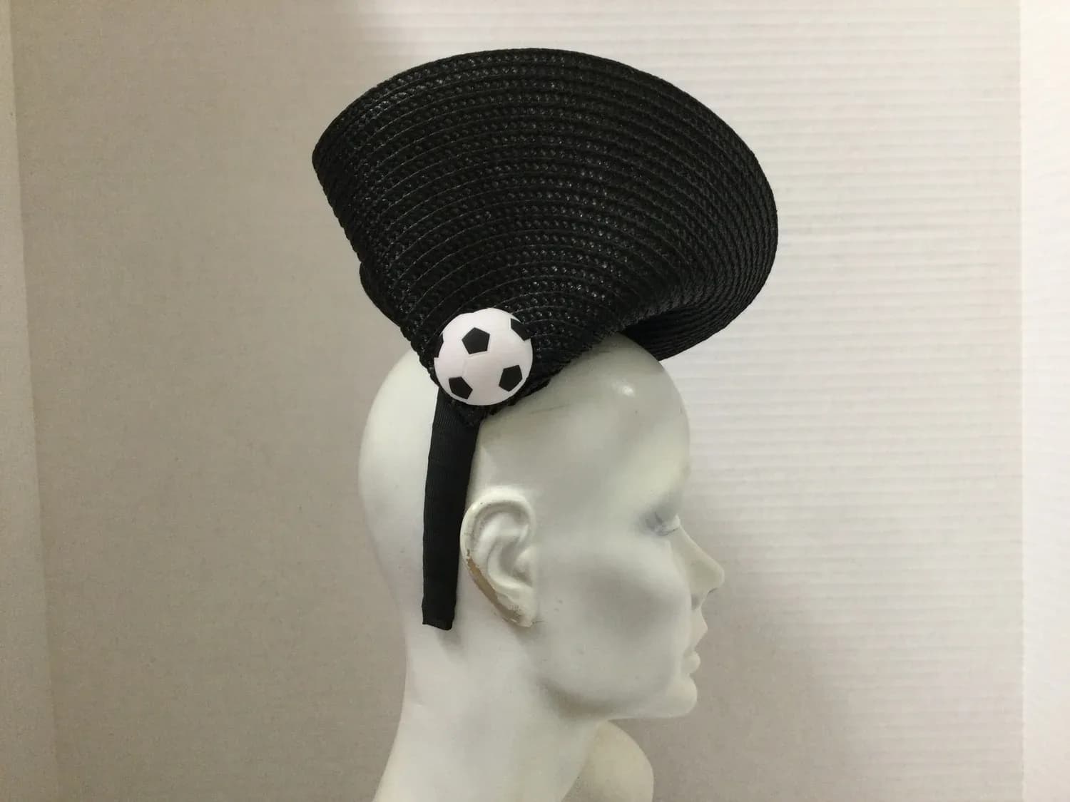 FS760 Black Straw Fascinator with mini soccer ball embellishment