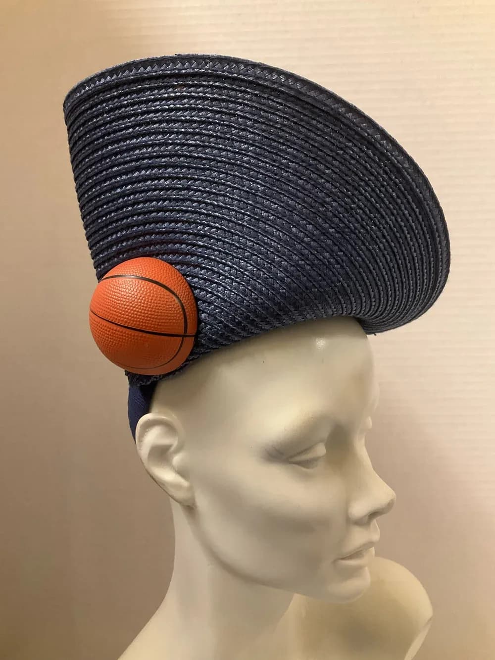 FS759 Blue straw fascinator with mini basketball embellishment