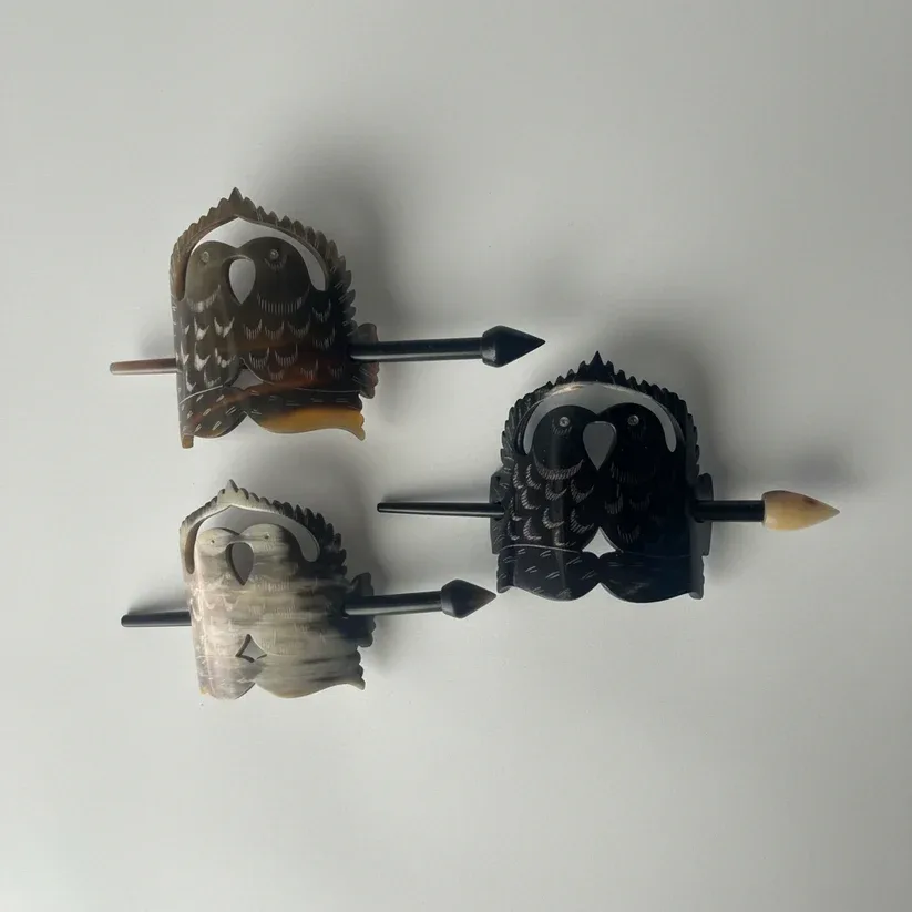 Buffalo Horn “Kissing Dove” Hair Accessory — Hand‑Carved 6" Hair Stick with Ornate Motif